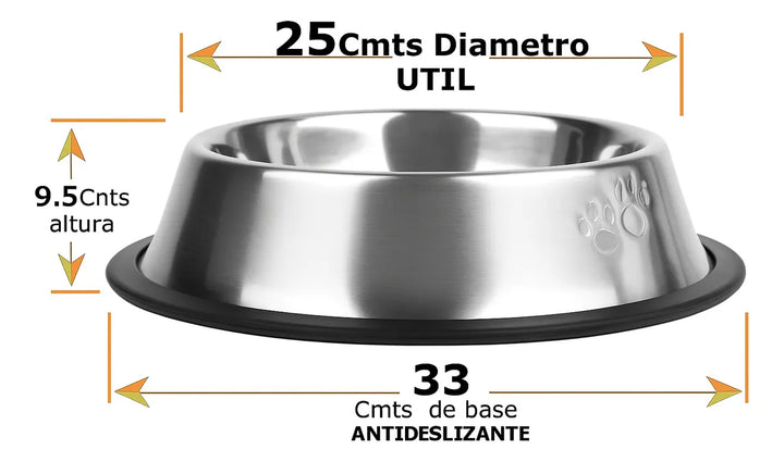 Plato Comedero Bebedero Gato Perro 25 Cm Acero Inoxidable Plateado