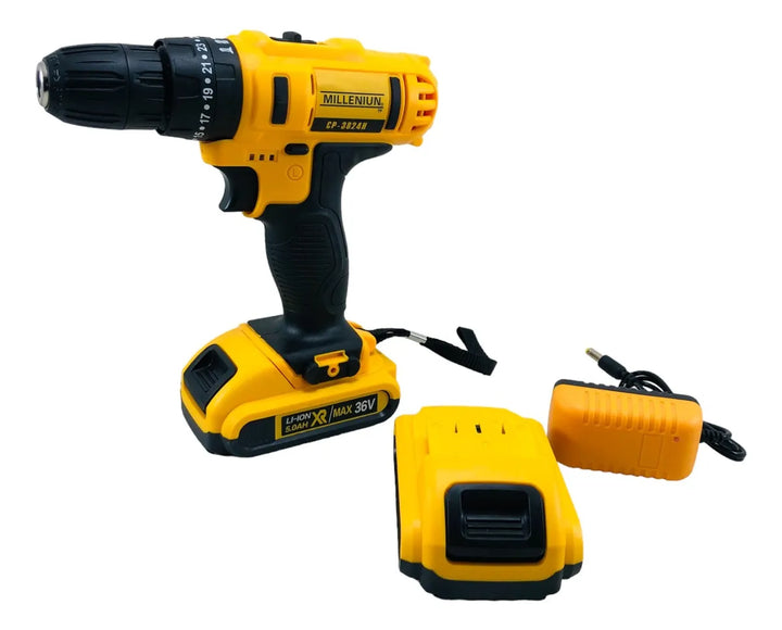 Taladro Percutor 36v Inalámbrico 2baterías + 92 Herramientas Amarillo