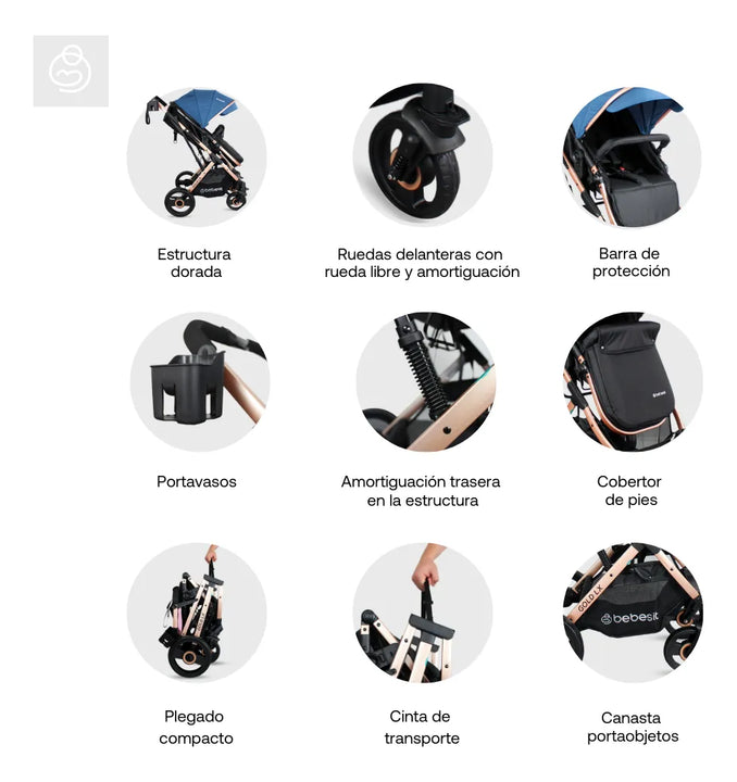 Coche Bebé Reclinable Moises Bebesit Gold Lx, Plegable Azul Chasis Dorado