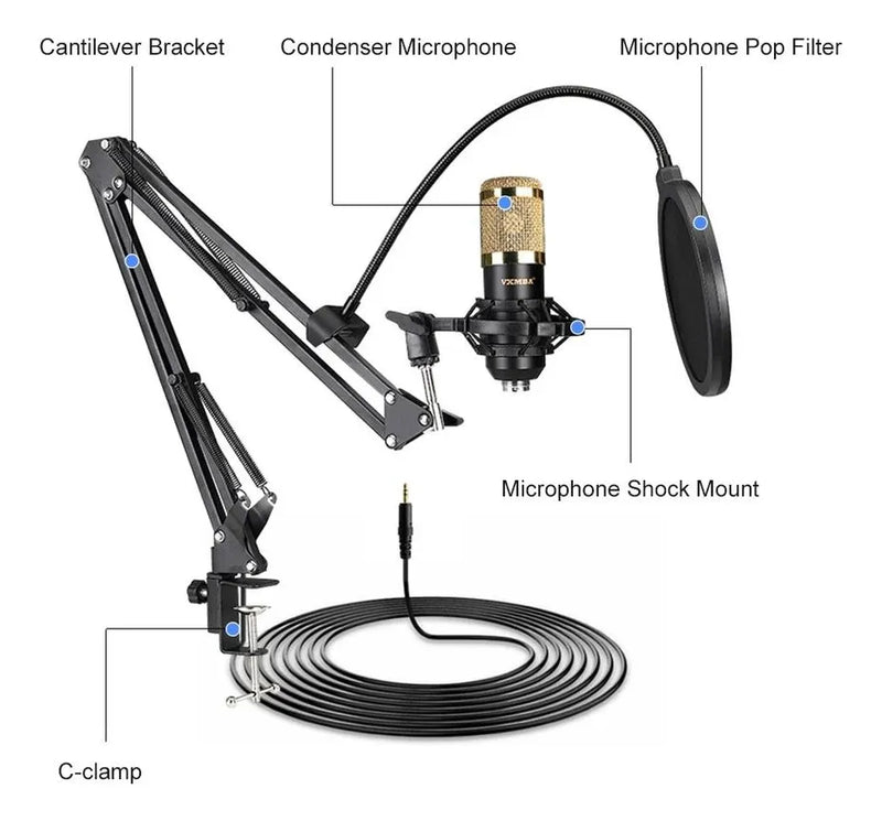 Kit Micrófono Profesional De Condensador + Tarjeta Sonido V8 Negro