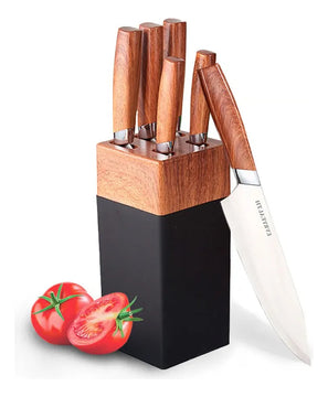 Set De Cuchillos Cocina 5 Pz En Madera Acero Inoxidable Marrón Claro