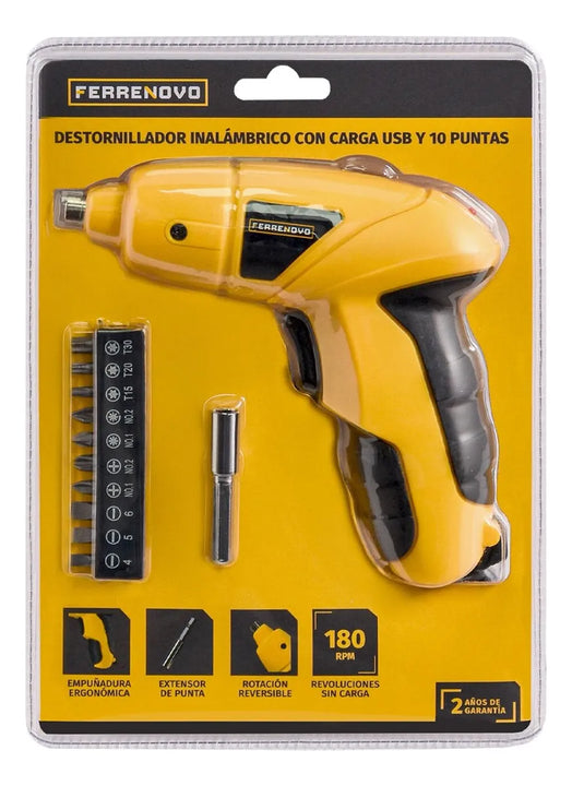 Destornillador Inalámbrico Ferrenovo Con Carga Usb + 10 Punt - Amarillo