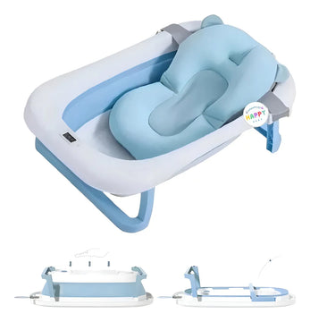 Tina Bañera Para Bebe Plegable Cojin Acolchado + Base Alta Color Azul/blanco Cojin Azul