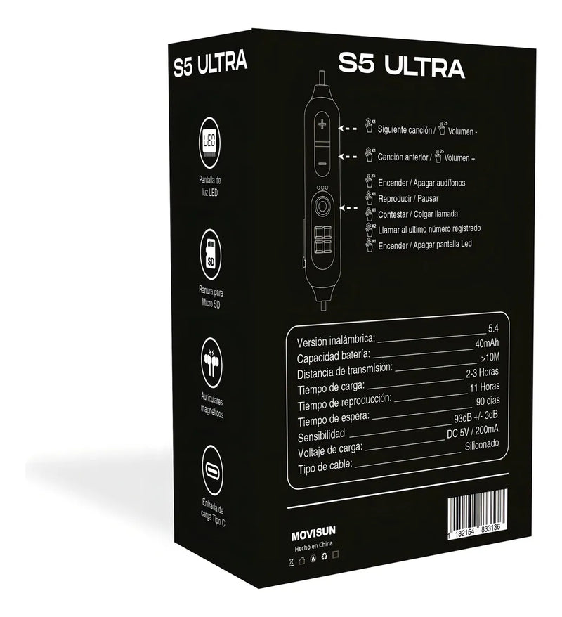 Audífonos Bluetooth Movisun S5 Ultra Color Negro