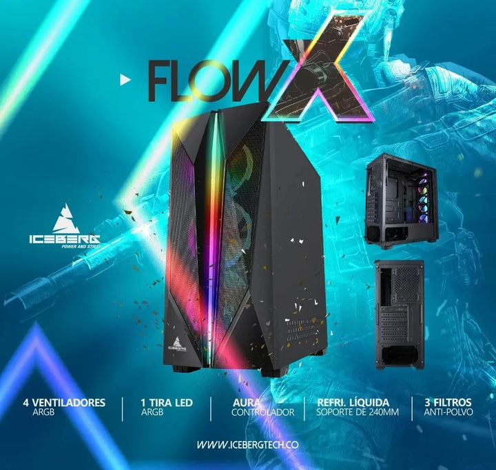 Chasis Gabinete Gamer Iceberg Flow X Argb X4 Ventiladores Color Negro