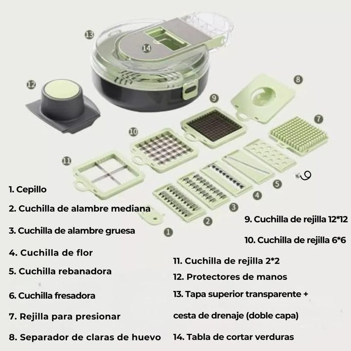 Picador Verduras Rallador Multifuncional Mandolina 13 Piezas Verde Claro
