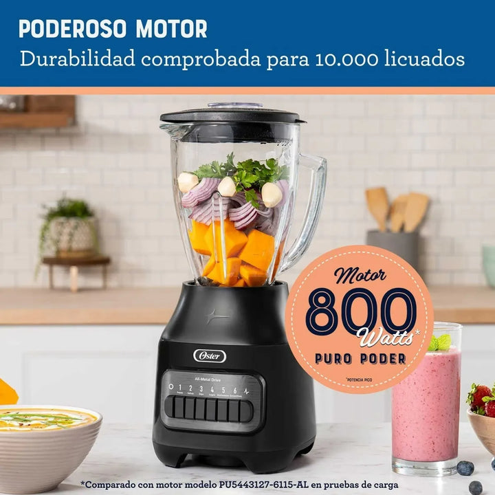 Oster® Licuadora, con Vaso de Vidrio Refractario Boroclass® y 6 Velocidades más Pulso, Ideal para Recetas Frias y Calientes, Negro, BLSTPEGBPB