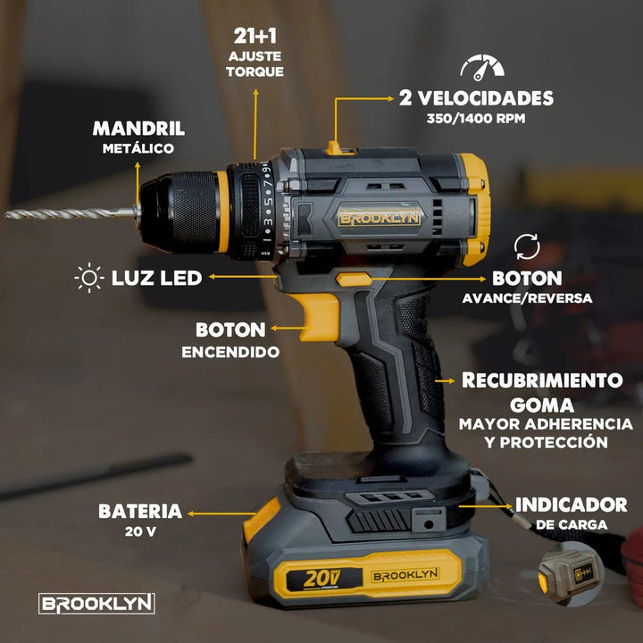 Taladro Brooklyn Inalambrico 50/60 Hz + 2 Baterias 20v Taladro Atornillador