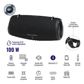 Parlante Xtreme Bluetooth Recargable Usb Mp3 Tws Potente Negro