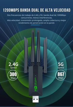 Adaptador Wifi Usb 5g Dual Band 1200 Mbps Receptor 4 Antenas