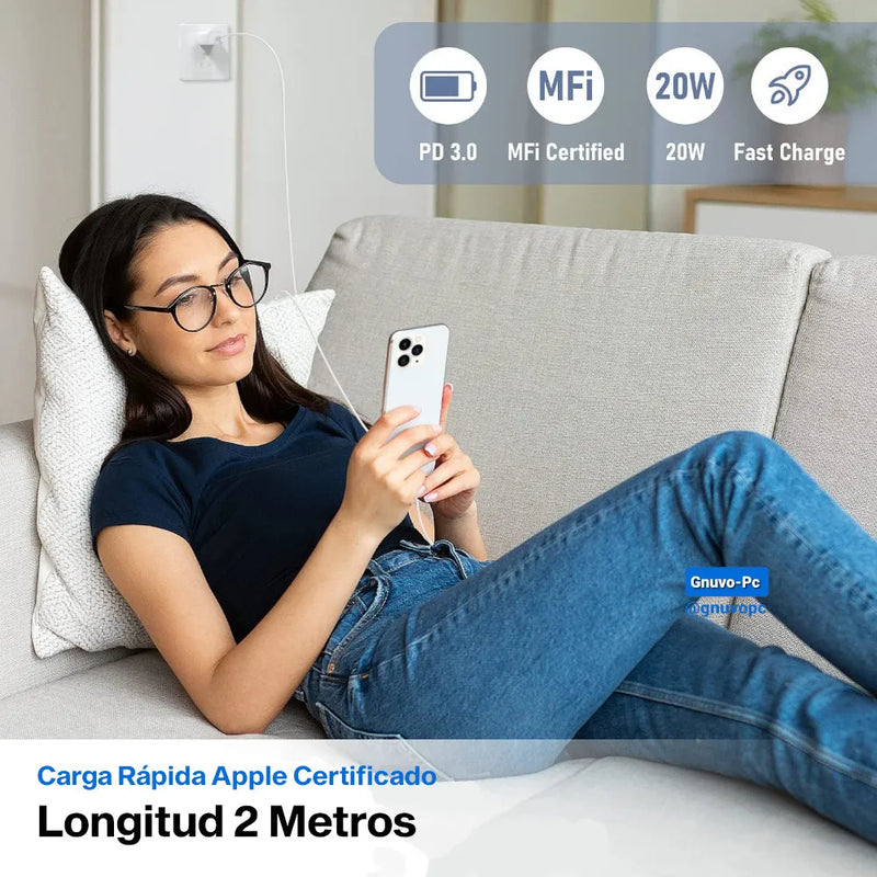 Cargador Certificado Para Iphone 2 Metros Carga Rapida 20 W Blanco