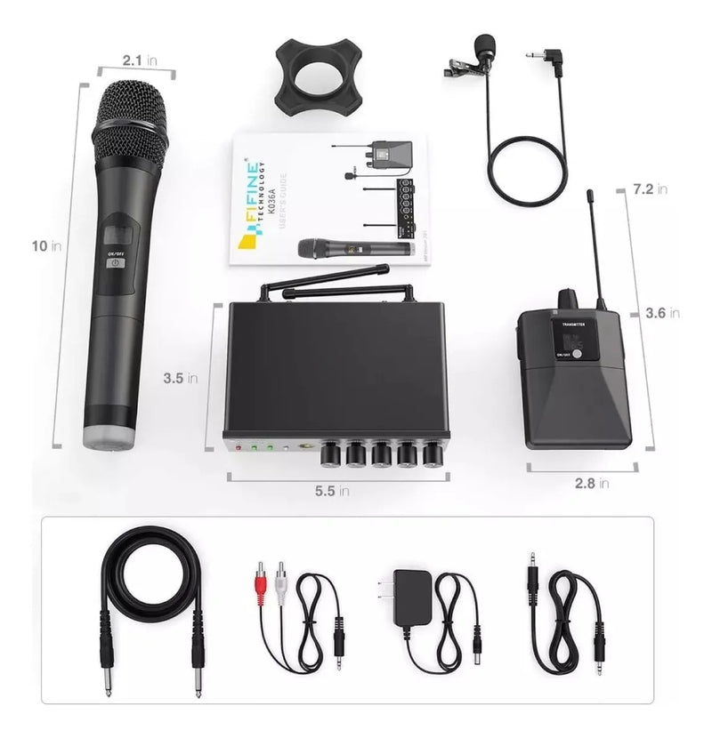 Sistema de micrófono UHF con doble cable Fifine K036, color negro