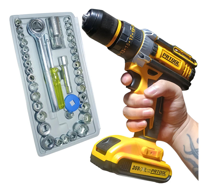 Taladro Atornillador Percutor Inalámbrico + Juego De Rache Amarillo