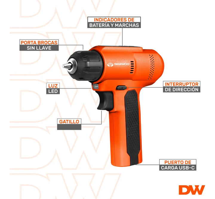 Taladro Atornillador Inalámbrico 8v Daewoo Dacd8v 10mm Naranja 50 Hz/60 Hz