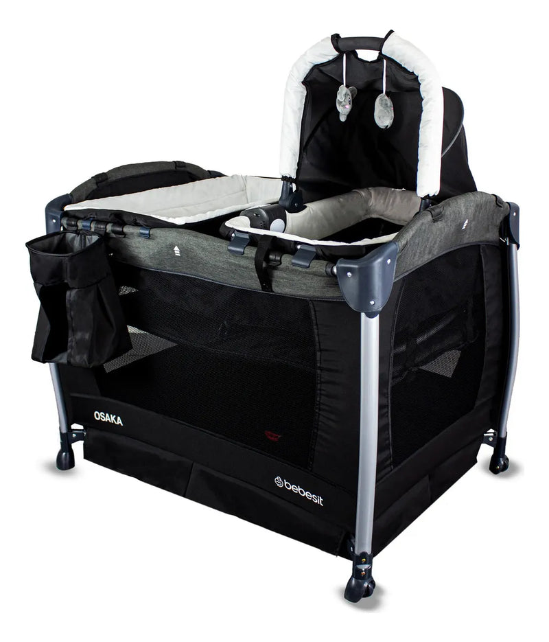 Cuna Corral Bebe + Mosquitero Mecedora y Organizado Negro Bebesit Premium