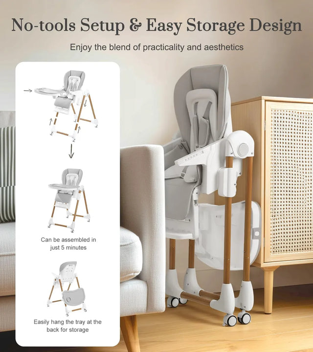 Silla Alta Plegable 3 En 1 Para Bebés Y Niños Gris Claro