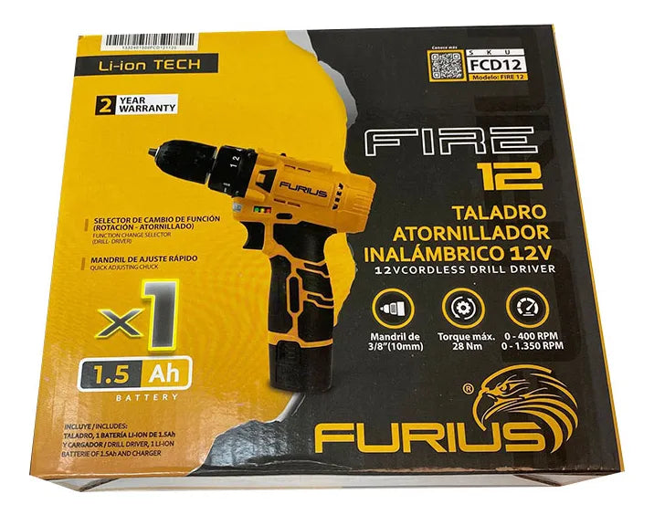 Taladro Inalambrico De 3/8 2 Vvr Furius Fcd12 Color Amarillo