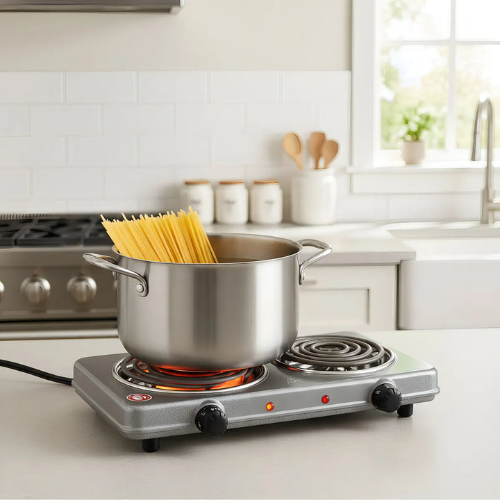 Fogon Estufa Electrica Portatil Gris Negro Cafe 2 Puestos Quemadores Potencia 2000w Cocina Compacta Resistente Hogar Oficina Viajes Camping Practica Rapida Segura Limpieza Sencilla