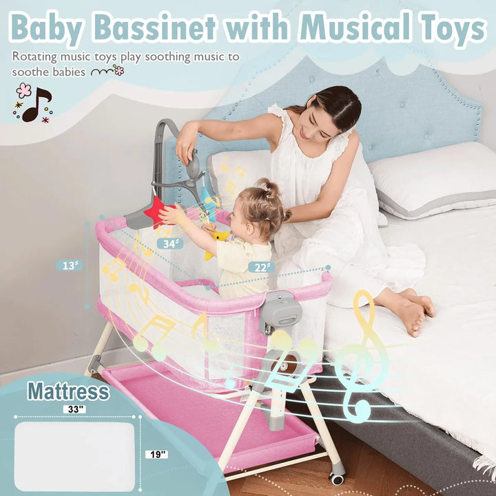 Cuna Mecedora 3 En 1 Para Bebé Rosa Con Música Y Almacenamie