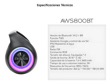Parlante Aiwa AWS800BT TWS Bluetooth 70W Boombox Color Negro
