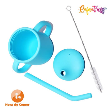 Vaso Pitillo Silicona Bebés Taza Entrenamiento Con Cepillo Color Celeste