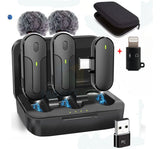 Micrófono Inalambrico Solapa Color Negro Conexión USB tipo C Portátil Iphone Android Compatible Apple Filtro Antipop Condensador Estuche Carga 3 en 1 Combo Duo