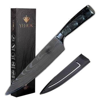 Cuchillo Chef Profesional Con Patron De Damasco Yehok Cocina Negro