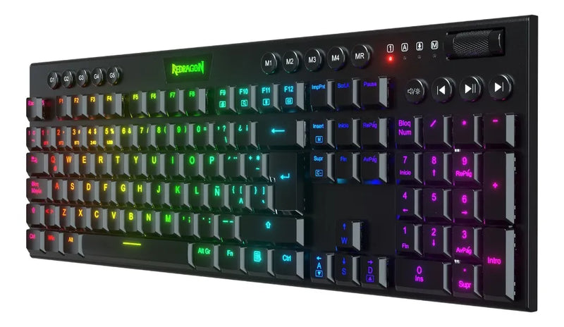 Teclado Redragon Horus QWERTY Redragon Low profile Linear Red español latinoamérica color negro con luz RGB