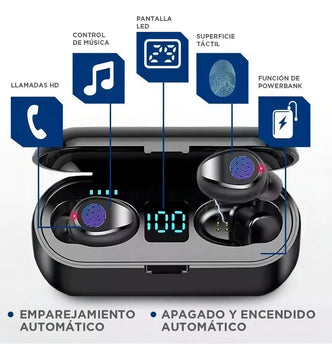 Audífonos in ear inalámbricos F9 negro con luz LED