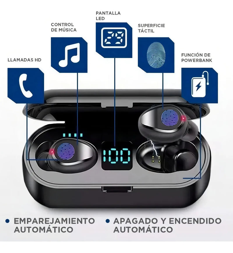 Audífonos in ear inalámbricos F9 negro con luz LED