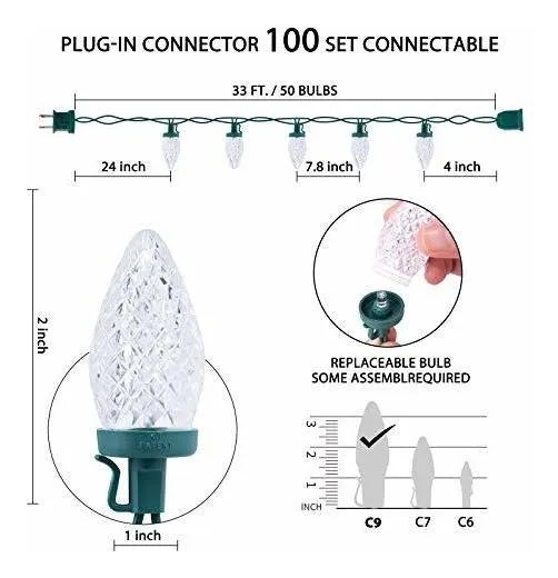 C9 Guirnalda De Luces Led Navideñas, 50 Led, 33 Pies, Luces