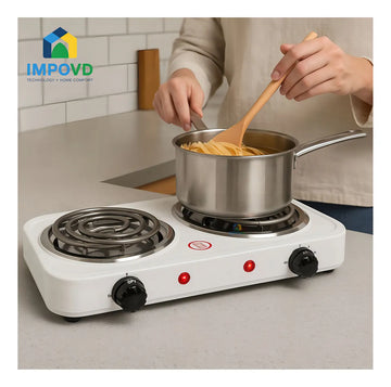 Fogon estufa electrica portatil 2 puestos 2000W cada puesto cocina blanca eficiente compacta duradera resistente facil limpieza rapida conexion uso hogar oficina comedor departamentos