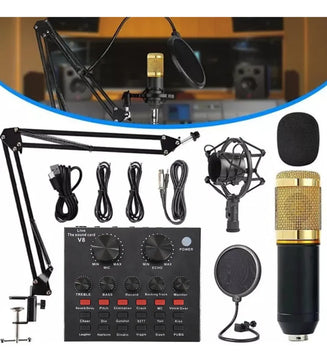 Micrófono Profesional Condensador+brazo+tarjeta Sonido V8 Dorado