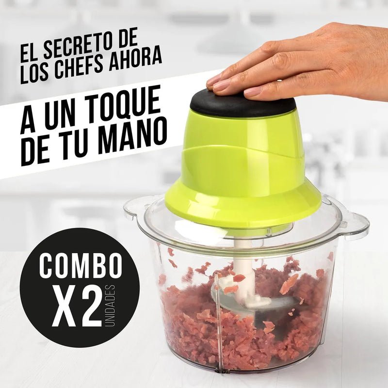 Combo de 2 Picadoras Eléctricas 300W con 4 Cuchillas de Acero Inoxidable, Capacidad de 1.5L para Carnes, Verduras y Frutas, Color Verde, Chef Master.