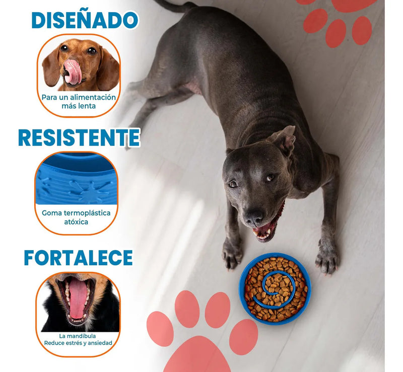Plato Comedero Azul para Perros con Diseño Anti-Ansiedad, Goma Atóxica Antideslizante, Ideal para Comer Lento y Mejorar la Digestión de tu Mascota.