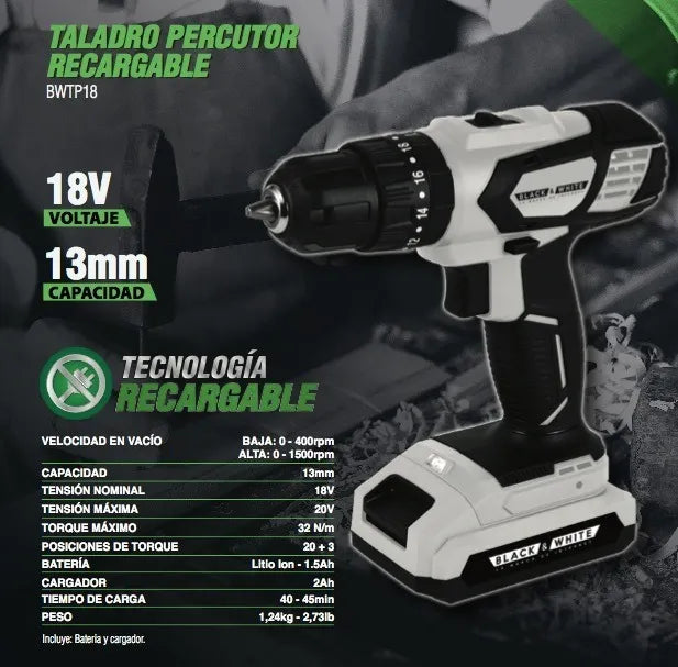 Taladro Percutor Atornillador Recargable 18v 1/2 Black&white Blanco/negro 60hz