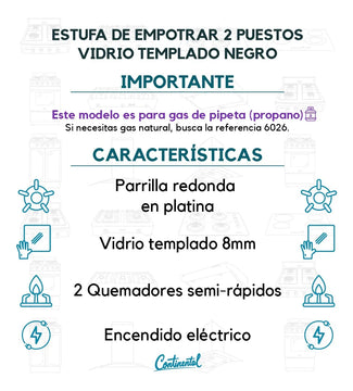 Estufa De Empotrar Vidrio Templado 2pt Gas Propano 6040 Negro