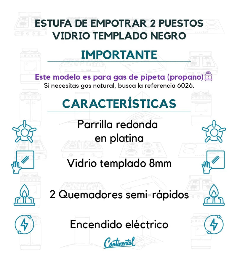 Estufa De Empotrar Vidrio Templado 2pt Gas Propano 6040 Negro