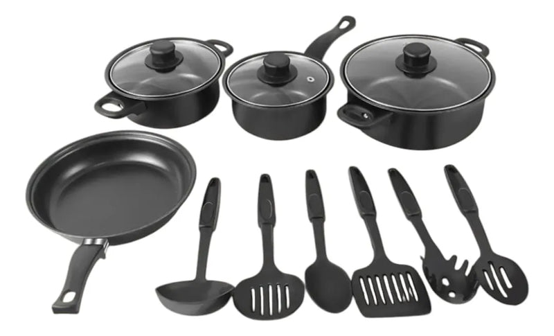 Set De Utensilios De Cocina Ollas Y Sartenes 13 Piezas Negro