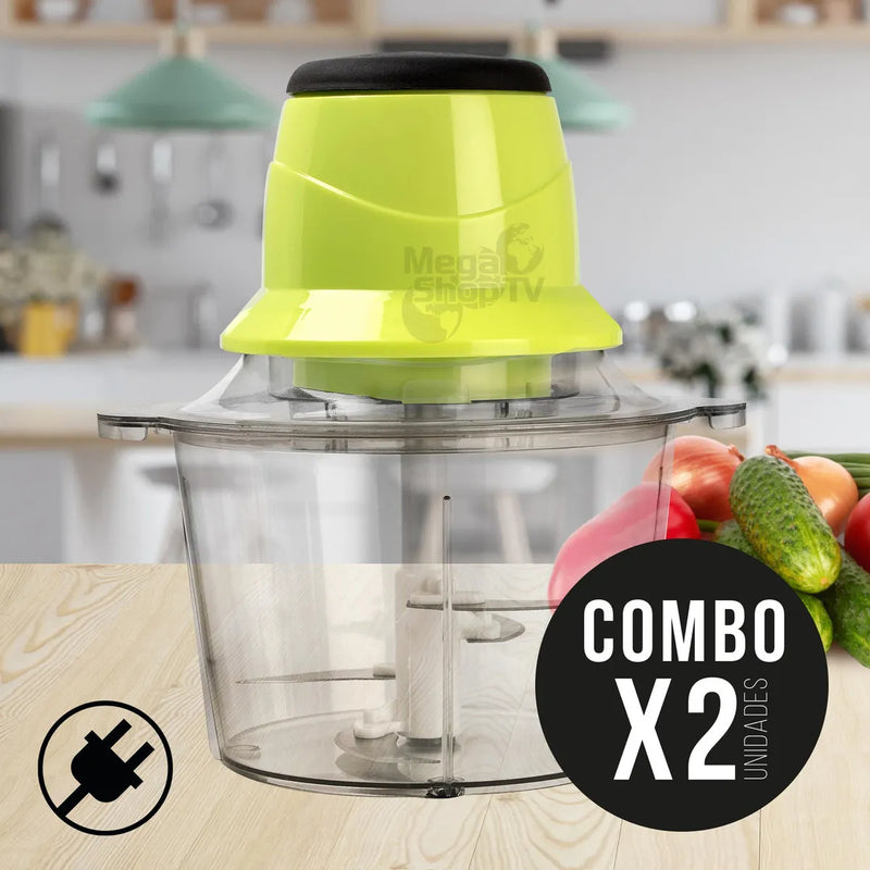 Combo de 2 Picadoras Eléctricas 300W con 4 Cuchillas de Acero Inoxidable, Capacidad de 1.5L para Carnes, Verduras y Frutas, Color Verde, Chef Master.