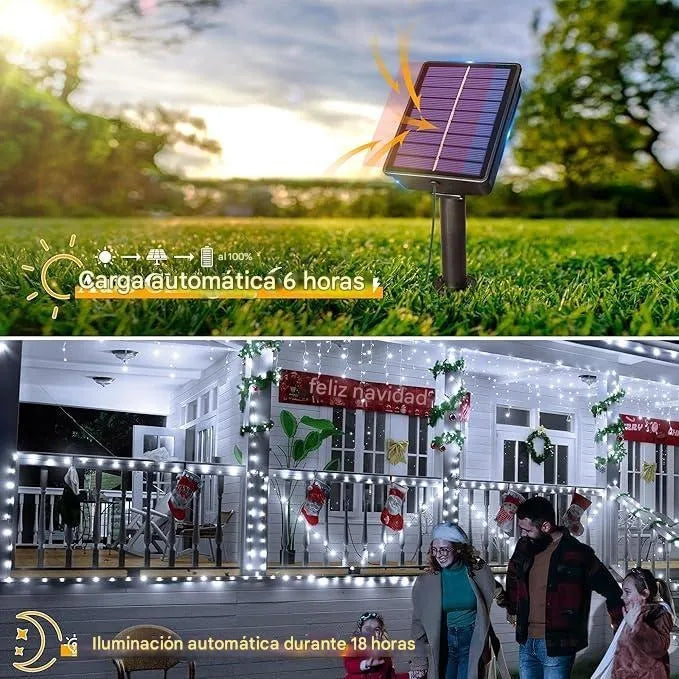 Luz Navideña Solar 100 Led 12mts Recargable Ip67 Blanca Blanco