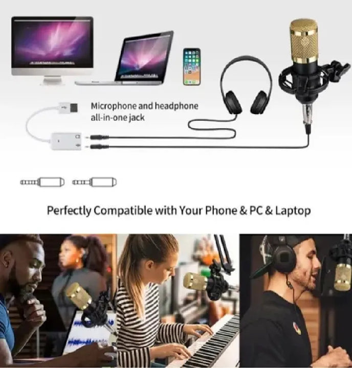 Kit Micrófono Condensador + Tarjeta Sonido Bluetooth V8 Negro