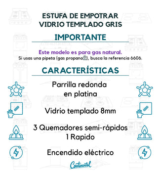 Estufa De Empotrar Vidrio Templado 62x52cm Gas Natural 6583 Color Gris