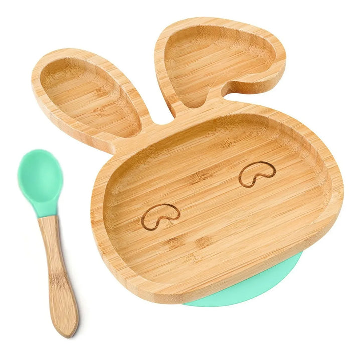 Plato Bambu Antideslizante Con Cuchara Silicona Para Bebés Color Menta Conejo