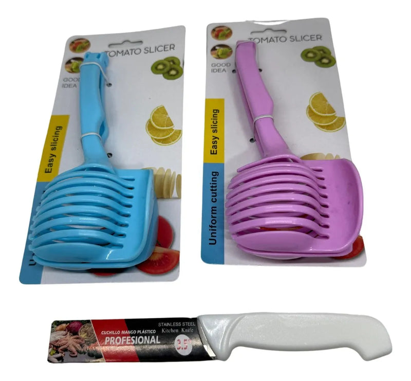 Cortadora De Frutas Verduras Y Pinzas De 2 Piezas + Cuchillo Rosa Chicle