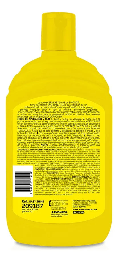 Cera Easy Shine Simoniz Con Nano Tecnología 500ml
