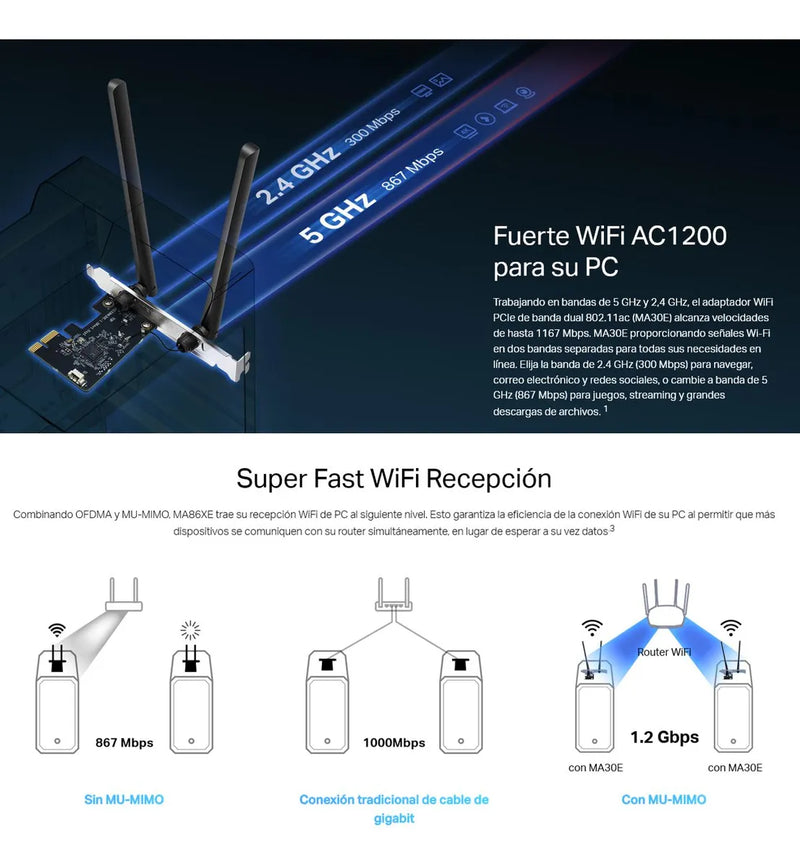 Adaptador De Red Pcie Wifi Bluetooth Ac1200, Mercusys Ma30e