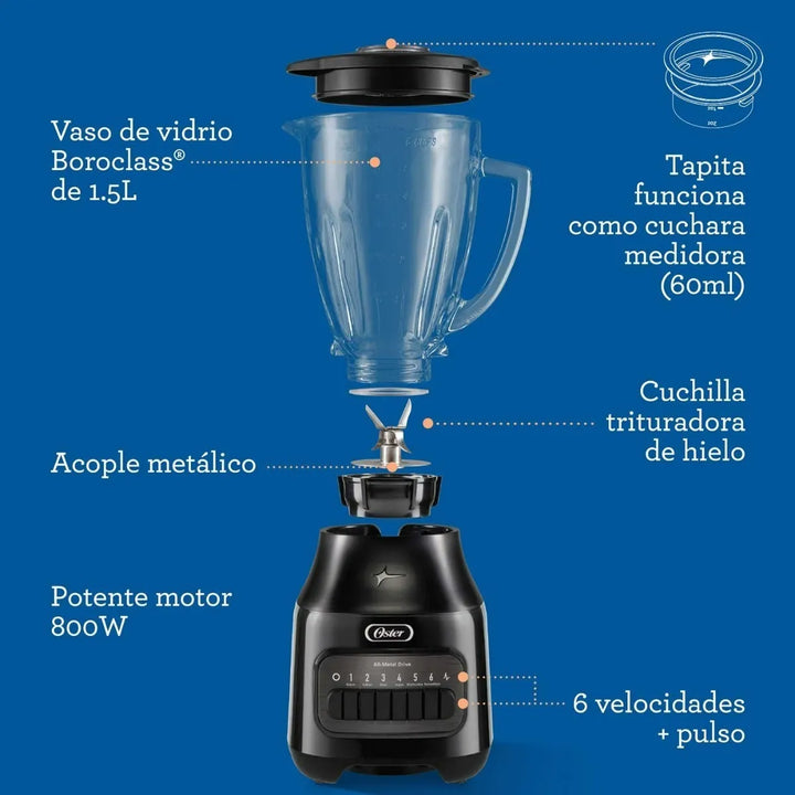 Oster® Licuadora, con Vaso de Vidrio Refractario Boroclass® y 6 Velocidades más Pulso, Ideal para Recetas Frias y Calientes, Negro, BLSTPEGBPB