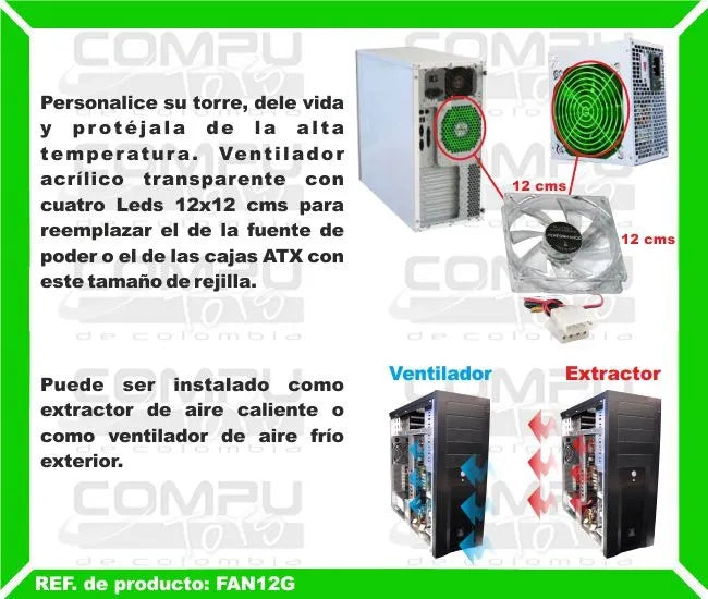Zfan12g Ventilador Acrilico 4 Led Verde 12x12 Cms Computoys