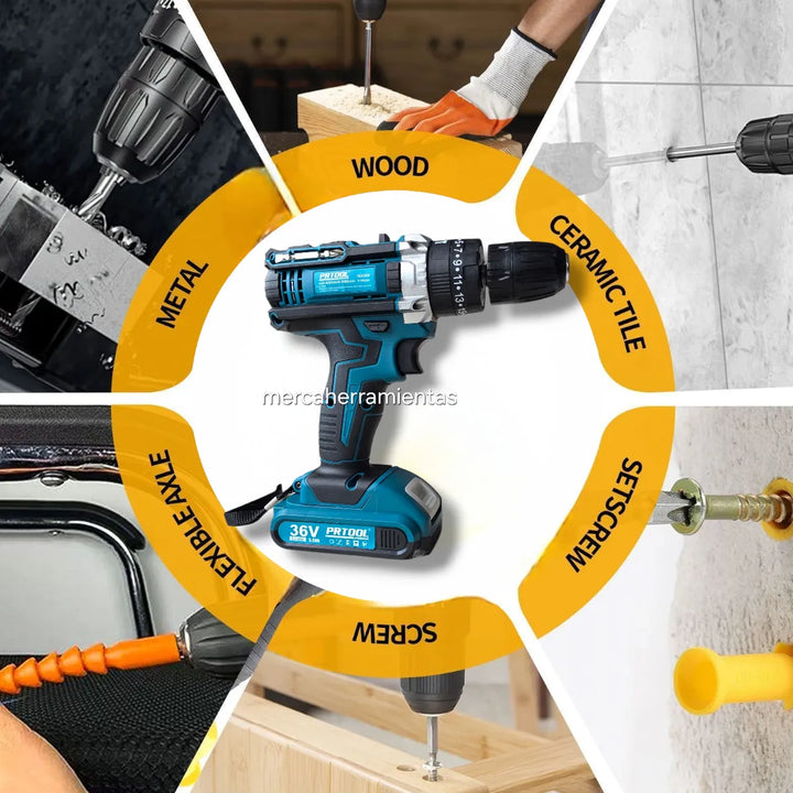 Taladro Inalámbrico Prtool Tab36m Con Accesorios 10mm Azul - Azul - 50hz60hz